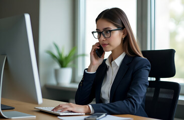 business lady works at the monitor and talks on the phone