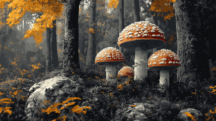 Poster - A cluster of red and white mushrooms grow in a dark forest, with the sunlight highlighting a few bright yellow leaves.