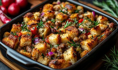 Stuffing (or Dressing): A savory mixture of bread, herbs, and sometimes vegetables or sausage, cooked inside the turkey or baked separately