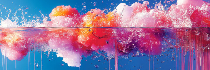 Poster - Colorful abstract shapes splash into water, creating an explosion of color and bubbles.