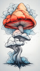 Canvas Print - A surreal illustration of a mushroom with a twisting stem and a large, red cap, surrounded by clouds.