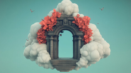 Canvas Print - A stone archway on a cloud with red leaves