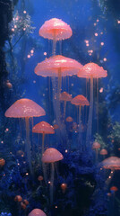 Canvas Print - A cluster of luminous pink mushrooms glow in a fantastical forest setting.