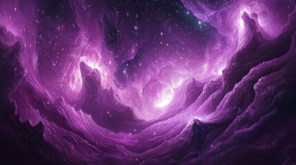a purple cosmic landscape with swirling stars and glowing nebulae, creating a mystical and otherworl