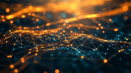 Poster - Abstract digital network with glowing points and lines in blue and orange.