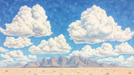 Canvas Print - Fluffy white clouds drift across a bright blue sky above a mountain range in the distance.