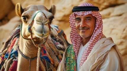 cultural heritage portrait: a tour guide in traditional clothing, standing beside a camel during a m