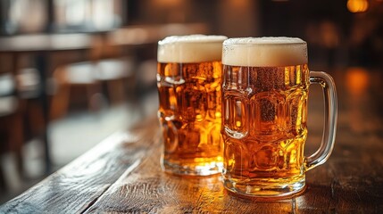 Wall Mural - Two Beer Mugs Filled with Frothy Beer on Wooden Table in Cozy Pub for Celebratory and Social Gathering Themes