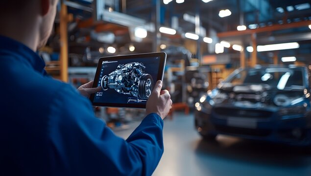 a mechanic uses a tablet to view a 3d model of a car engine in a workshop.