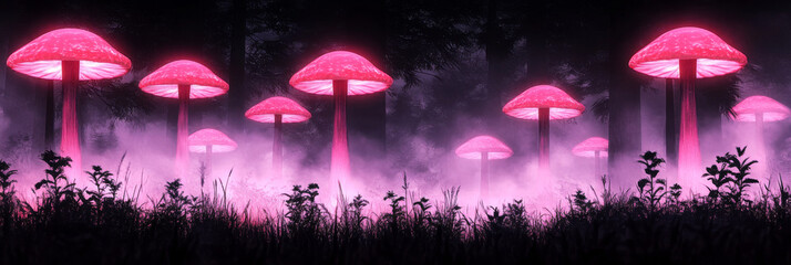 Poster - Glowing pink mushrooms illuminate a dark forest with an ethereal glow.