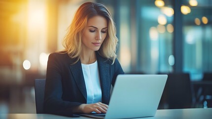Poster - A Woman in a Black Blazer Working on a Laptop in an Office