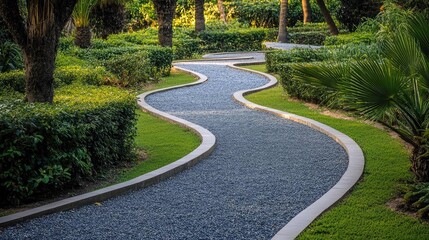 Wall Mural - A winding gravel path through a lush green park with trimmed hedges and palm trees.