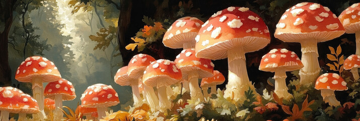 Poster - A cluster of red and white mushrooms growing in a forest setting. The mushrooms are in focus, while the background is blurry and out of focus.