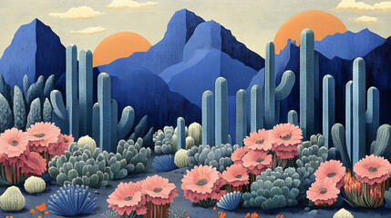 Poster - A desert landscape at sunset with tall cacti and pink flowers in the foreground.