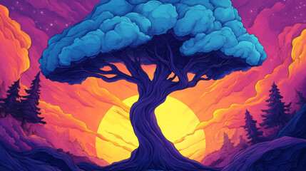 Wall Mural - A vibrant illustration of a lone tree with a blue canopy reaching towards a yellow sun in a purple and orange sky.