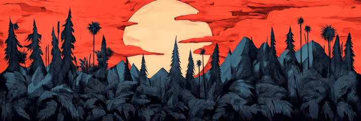 Poster - Silhouettes of trees and mountains against a vibrant red and orange sunset.