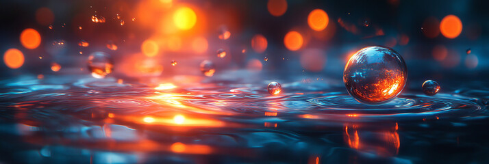 Water drops fall into a pool of water with a vibrant orange and blue bokeh background.