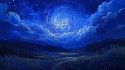 Wall Mural - An abstract digital art background featuring deep blue and dark black colors, with swirling clouds of stars that form the shape of cloud-like structures in space. The sky is filled with twinkling 