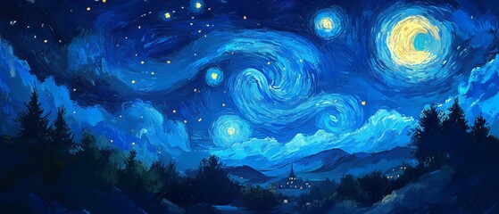 Wall Mural - An abstract digital art background featuring deep blue and dark black colors, with swirling clouds of stars that form the shape of cloud-like structures in space. The sky is filled with twinkling 
