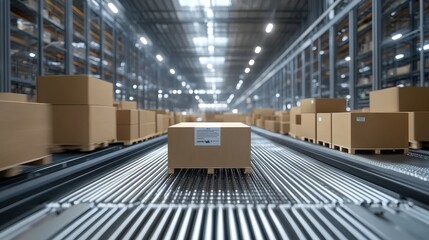 Cardboard boxes on conveyor belt in distribution warehouse. Generative AI image