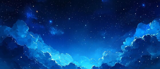 Wall Mural - An abstract digital art background featuring deep blue and dark black colors, with swirling clouds of stars that form the shape of cloud-like structures in space. The sky is filled with twinkling 