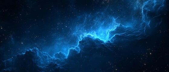 Wall Mural - An abstract digital art background featuring deep blue and dark black colors, with swirling clouds of stars that form the shape of cloud-like structures in space. The sky is filled with twinkling 