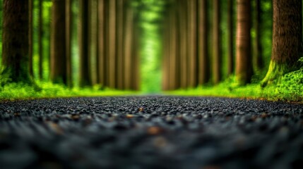 Canvas Print - A serene view of a secluded road flanked by towering trees, creating a peaceful retreat in a vibrant forest setting.