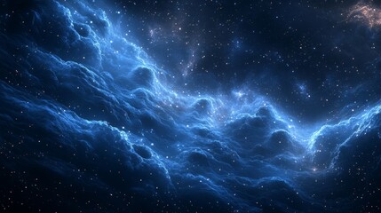Wall Mural - An abstract digital art background featuring deep blue and dark black colors, with swirling clouds of stars that form the shape of cloud-like structures in space. The sky is filled with twinkling 