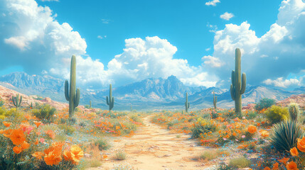 Poster - A dirt path winds through a blooming desert landscape, with towering cacti and a majestic mountain range in the distance.