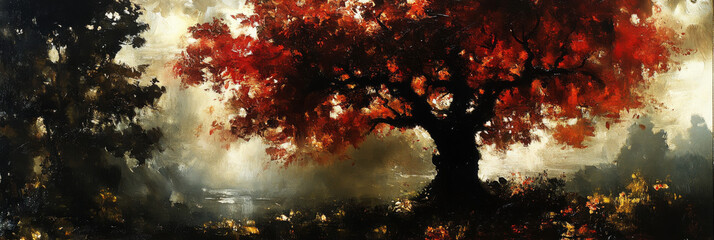 Wall Mural - A single tree stands out with vibrant red leaves against a misty background.