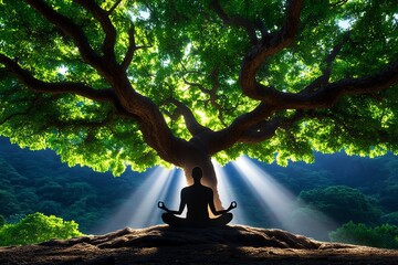 Wall Mural - Person meditating under a tree, with soft rays of light shining through the leaves, symbolizing peace and mindful awareness