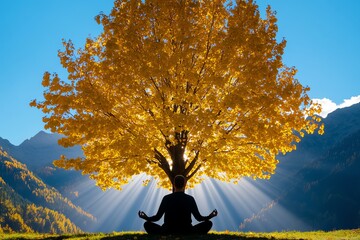 Poster - Person meditating under a tree, with soft rays of light shining through the leaves, symbolizing peace and mindful awareness