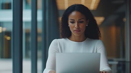 Poster - A Focused Woman Working on a Laptop in a Modern Office