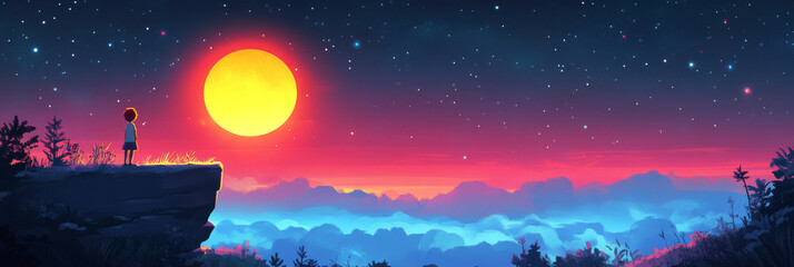 A young girl stands on a cliff, gazing at a large, glowing moon in the night sky.