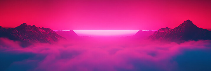 Poster - A vibrant pink and blue sky over a misty mountain range.