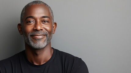 Wall Mural - Cheerful middleaged Black man with short hair wearing tshirt on plain grey background