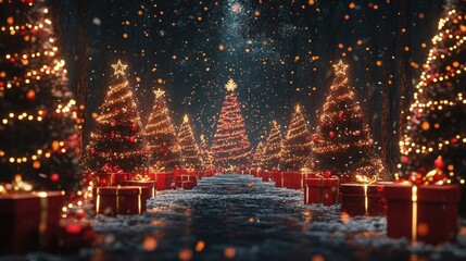 lluminated christmas trees with red and golden garlands into a forest with snowy flakes with shape o