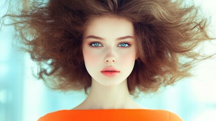 Poster - A graceful woman in a stunning orange dress, her natural hairstyle complements the defocused backdrop beautifully.