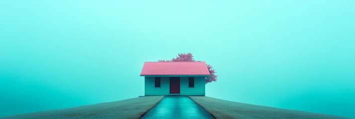 Sticker - A small house with a red roof stands alone in a foggy landscape.