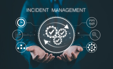 Aufkleber - Incident Management and Resolving Unexpected Problems. A person holding incident management icons, risk assessment, data analysis, and problem resolution. approach to managing unexpected issues.