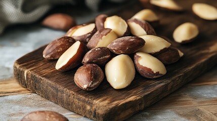 Mixed nuts on a wooden board, showcasing textures and colors.