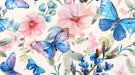 Wall Mural - Continuous floral design featuring watercolor pink and blue wildflowers, leaves, dragonflies, and butterflies; ideal for wrapping paper and backdrop textures.