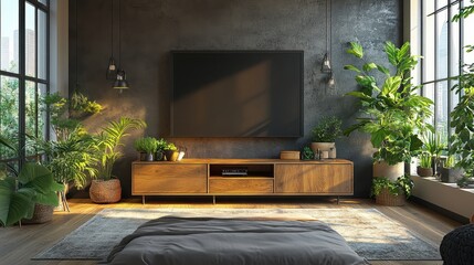 Wall Mural - Stylish home bedroom interior with tv screen, table and window. Mock up poster