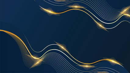 Poster - Abstract luxury blue background with wavy shapes and golden Glow Effect Lines. Modern Blue Wallpaper for Business Presentation, Banner, Poster, Brochure and Deluxe Template Design.