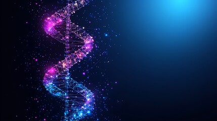 Aufkleber - Abstract DNA double helix structure with glowing particles and copy space on blue background.