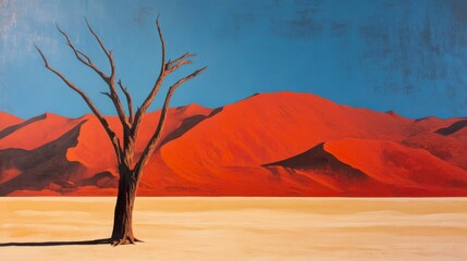 Wall Mural - Lone tree in desert with red dunes under clear sky, panoramic view. Solitude and nature concept