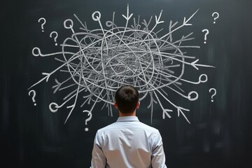 Wall Mural - complex problem solving illustration: businessman facing intricate web of ideas and questions on cha