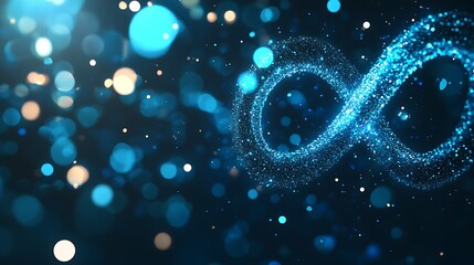 abstract blue infinity symbol on a dark background with bokeh lights.