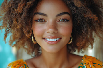 smiling woman with curly brown hair and gold hoop earrings in a tropical setting