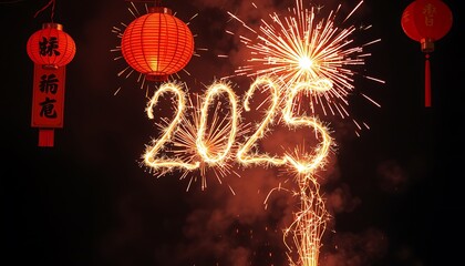 Sparkler fireworks forming the numbers 2025 in front of a black sky with three red Chinese lanterns hanging from above.